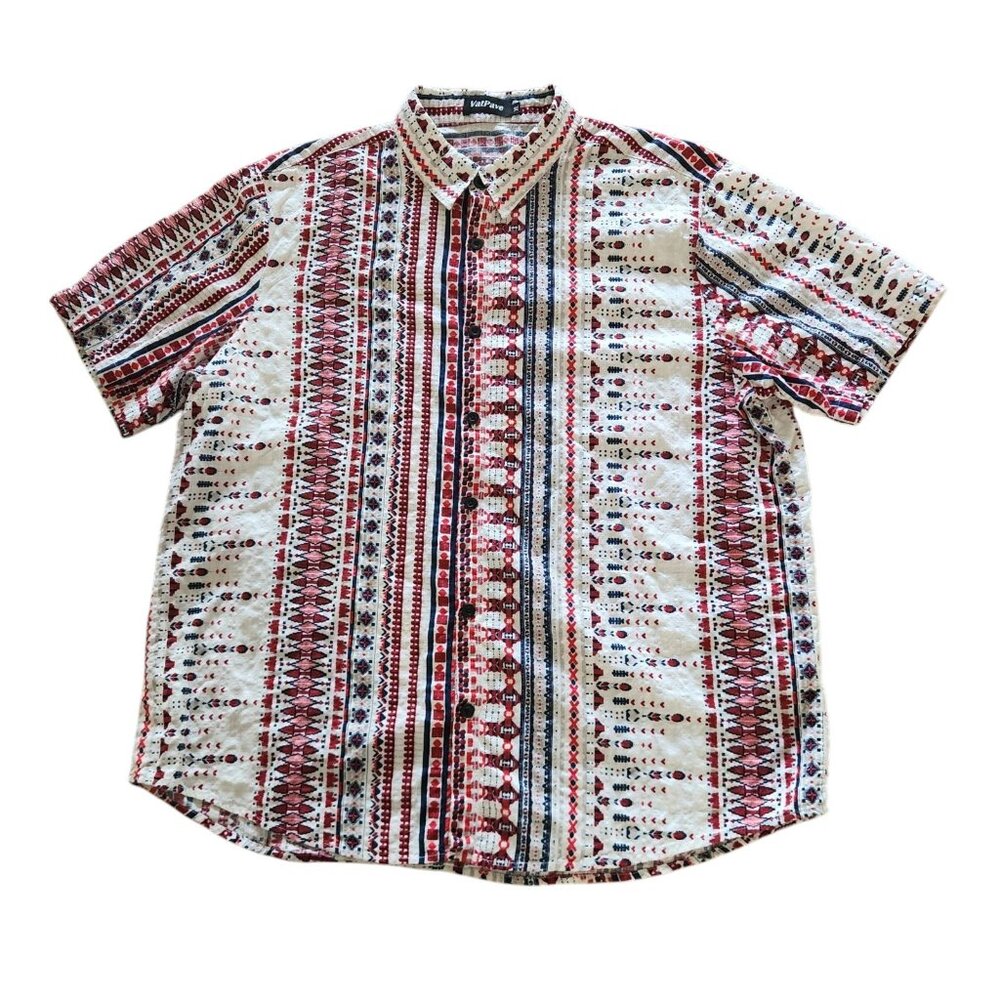 VatPave Shirt Red White Blue Unique Knit Geometric Viscose Cotton Mens XL‎ EUC